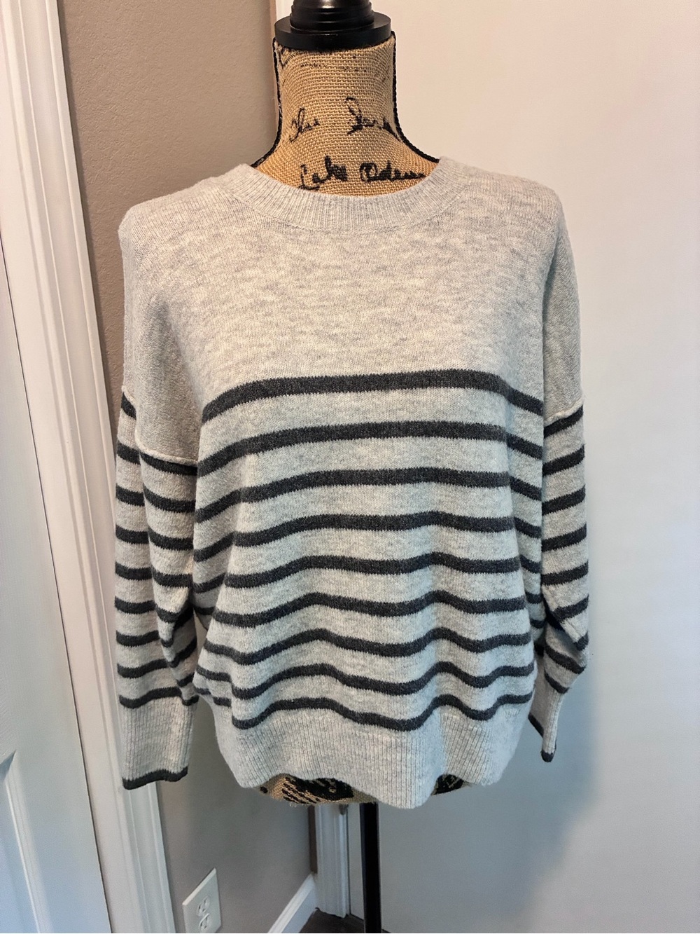 Vince Camuto Light Gray and Charcoal Striped Crewneck Sweater